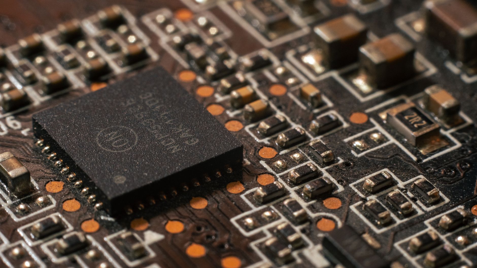 Close-up of a semiconductor wafer with chip dies